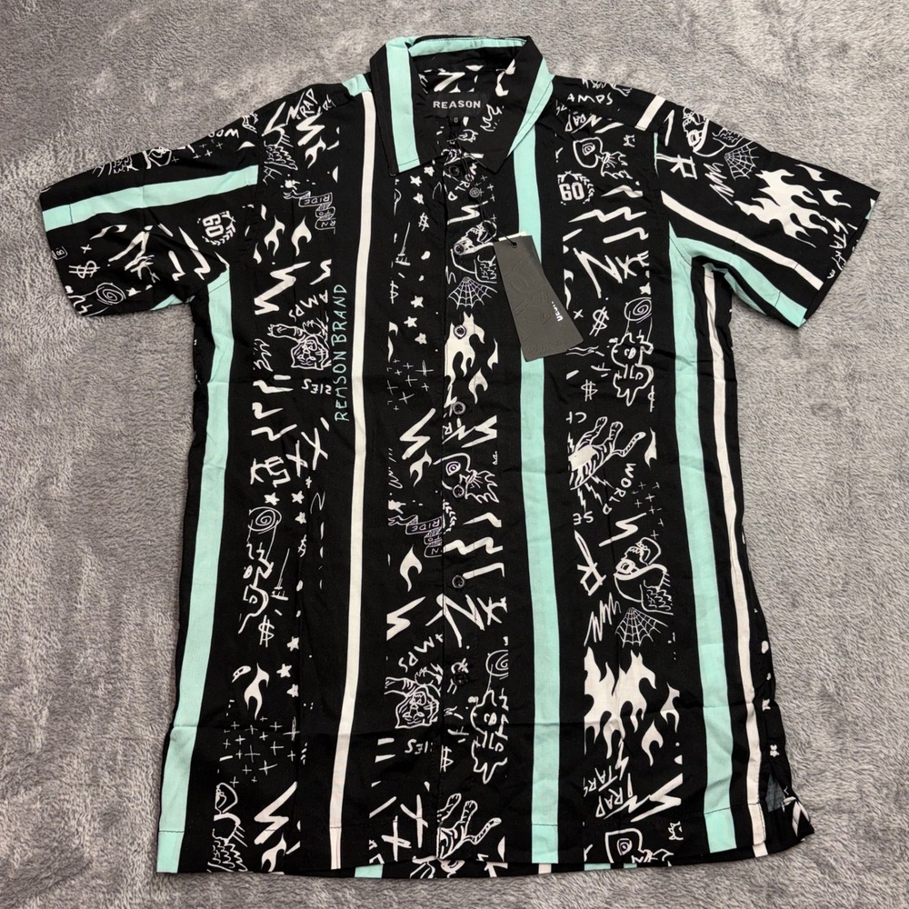 Reason Button Up Shirt Mens Small Black Mint‎ Green New Streetwear Doodle Print